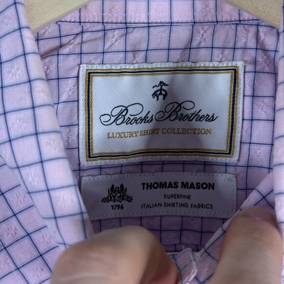 Brooks Brothers Shirt Mens Medium Pink Check Milano Fit Button Down Thomas Mason - Picture 4 of 13